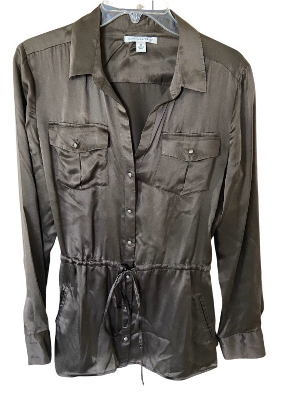 Banana Republic Olive Drawstring Satin Shirt Jacket 100% silk size M ,Y2K brown